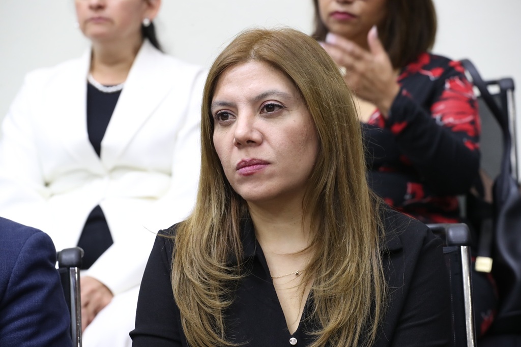 mujer sentada cabello castaño claro liso.