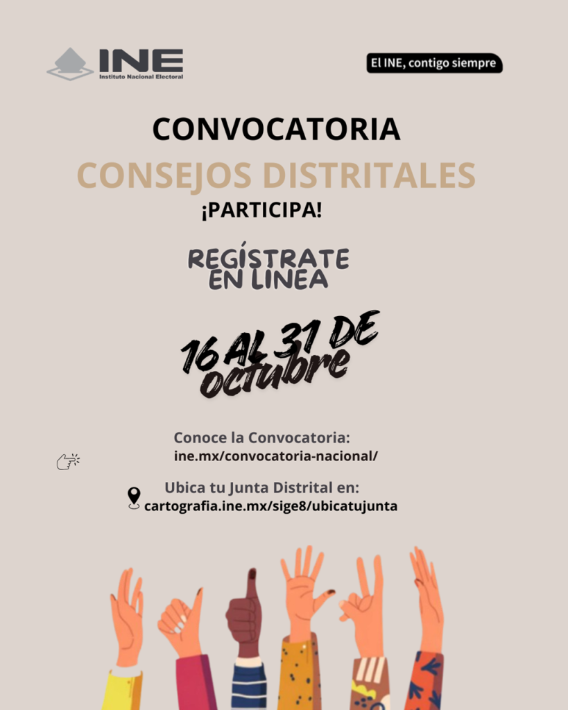 publicidad de convocatoria para integrar consejos distritales con diferentes manos levantadas