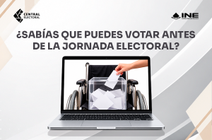 Computadora con una imagen de urna para votar sobre una silla de ruedas